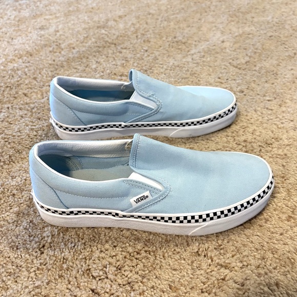 Vans Slip-On Sneakers- Light Blue with Checkerboard Trim - Picture 2 of 6